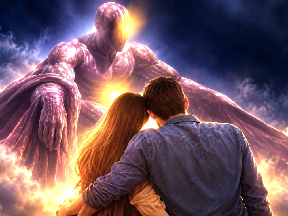 Un couple sous une présence lumineuse, image symbolique de la protection du lien