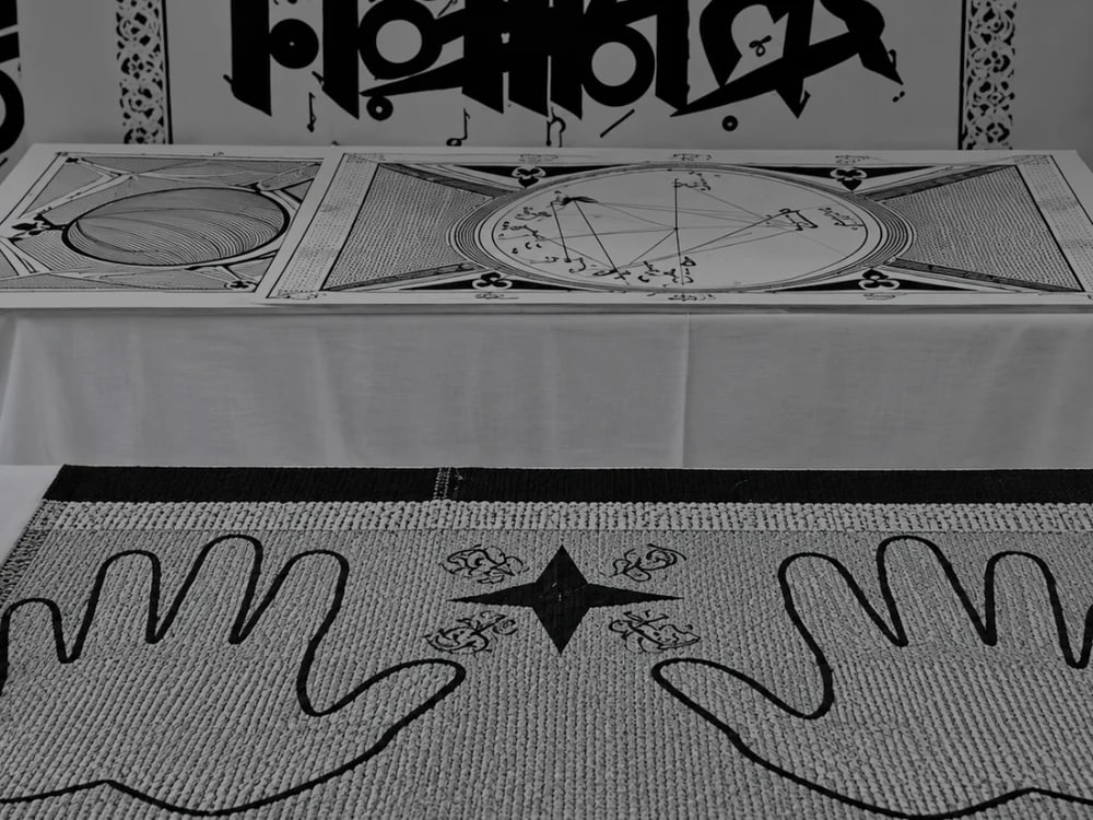 Tablettes de géomancie et natte rituelle préparées pour une séance